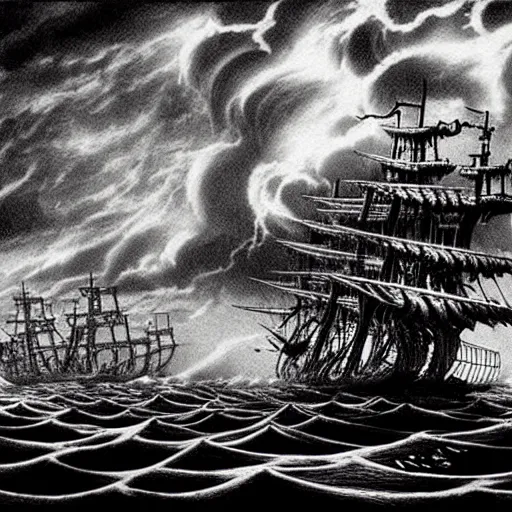 Image similar to a highly detailed hyperrealistic scene of a ship being attacked by giant squid tentacles, jellyfish, squid attack, dark, voluminous clouds, thunder, stormy seas, pirate ship, dark, high contrast, yoji shinkawa, scary, m.c. Escher, highly detailed, brutal, beautiful, octopus arms attacking the ship from the storm, illusion, artgerm