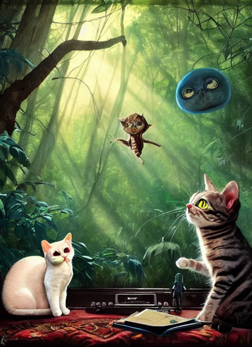 Image similar to a hyper realistic cat meeting an alien. and sunbeams blue sky, lush forest foliage painting by chiara bautista and norman rockwell and greg rutkowski weta studio, and lucasfilm