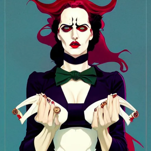 Image similar to Joshua Middleton comic art, wide shot, stunning elegant female Eva Green, kabuki mask, beautiful evil sneer, symmetrical face, symmetrical eyes, leather clothing and boots, long straight red hair, full body, Indigo occult pattern