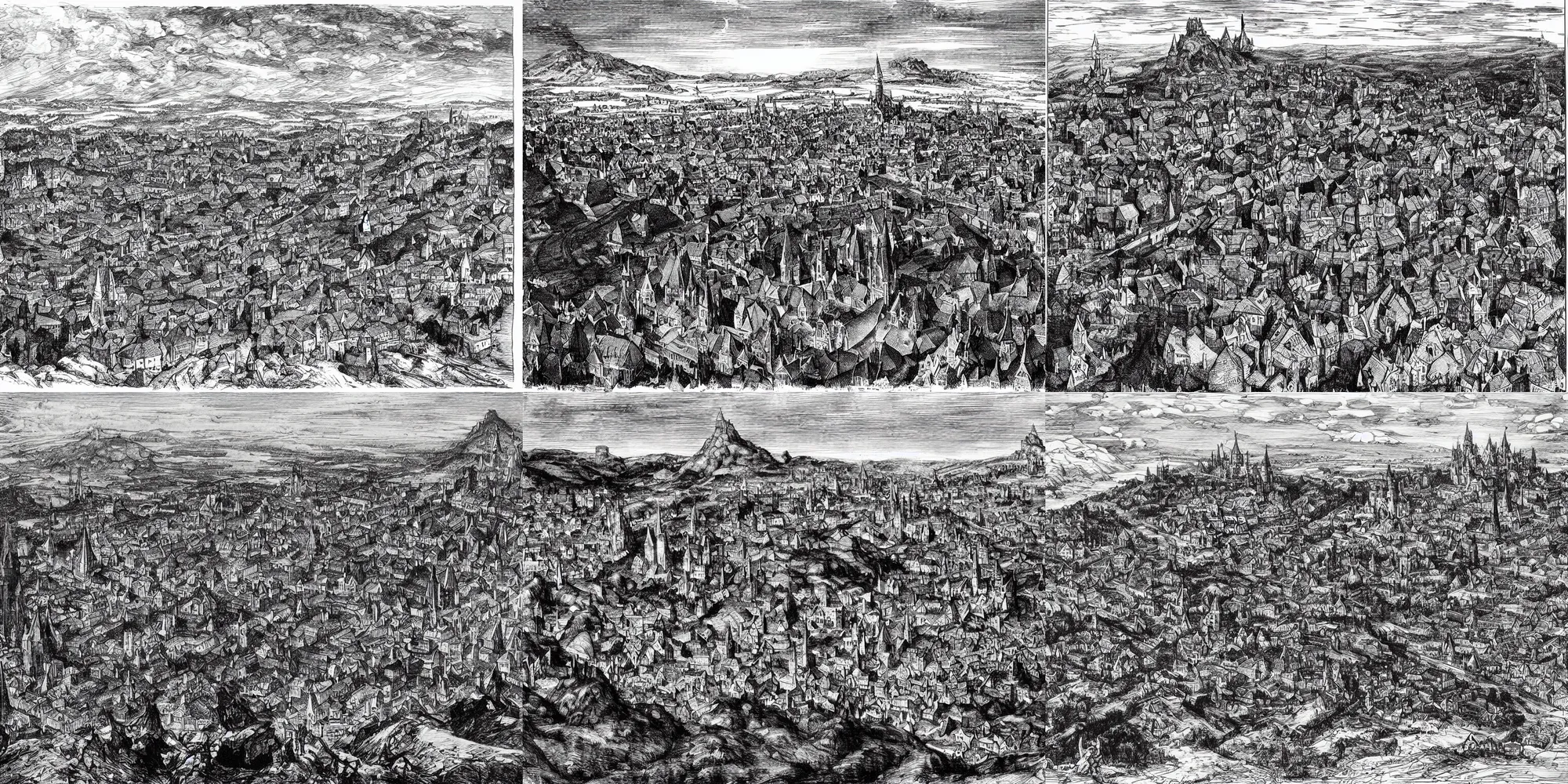 Prompt: a black and white illustration of middenheim, a huge medieval city on a mountain plateau, seen from a distance by bernie wrightson, ian miller, gustave dore, albrecht durer, storybook illustration, highly detailed, ground view, pen and ink on paper