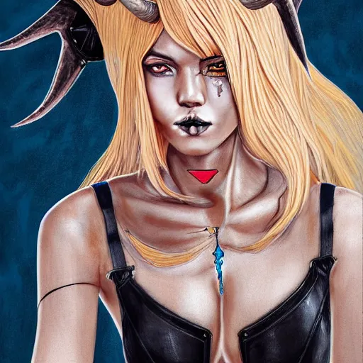 Image similar to illustrated realistic portrait of ram-horned devil woman with blue bob hairstyle and her tan colored skin and with solid black eyes wearing leather by rossdraws