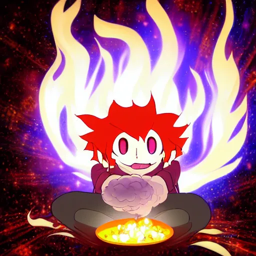 Image similar to fluffy exploding popcorn elemental spirit, in the style of a manga character, with a smiling face and flames for hair, sitting on a lotus flower, white background, clean composition, symmetrical