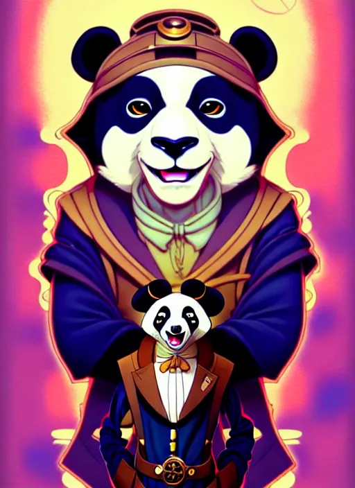 Image similar to don bluth, loish, artgerm, joshua middleton, steampunk, clockpunk anthropomorphic panda, full sailor suit, symmetrical eyes symmetrical face, colorful animation forest background