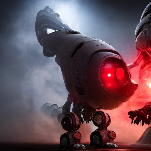 Image similar to apocalyptic, a very strong robot with red enerygies shaking the hand with an mighty alien creature with multiple eyes. smoke. volumetric lighting, sharp focus, ultra detailed, cgsociety - w 1 0 2 4 - n 8 - i