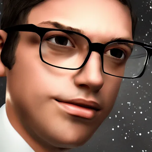 Prompt: a portrait of a young man with brown hair and glasses. He is wearing a tuxedo. Realistic digital art