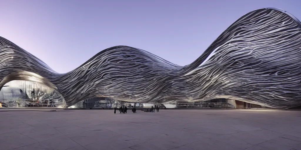 Image similar to extremely detailed ornate stunning sophisticated beautiful elegant futuristic museum exterior by Zaha Hadid, stunning volumetric light, stainless steal, concrete, translucent material, beautiful sunset, tail lights