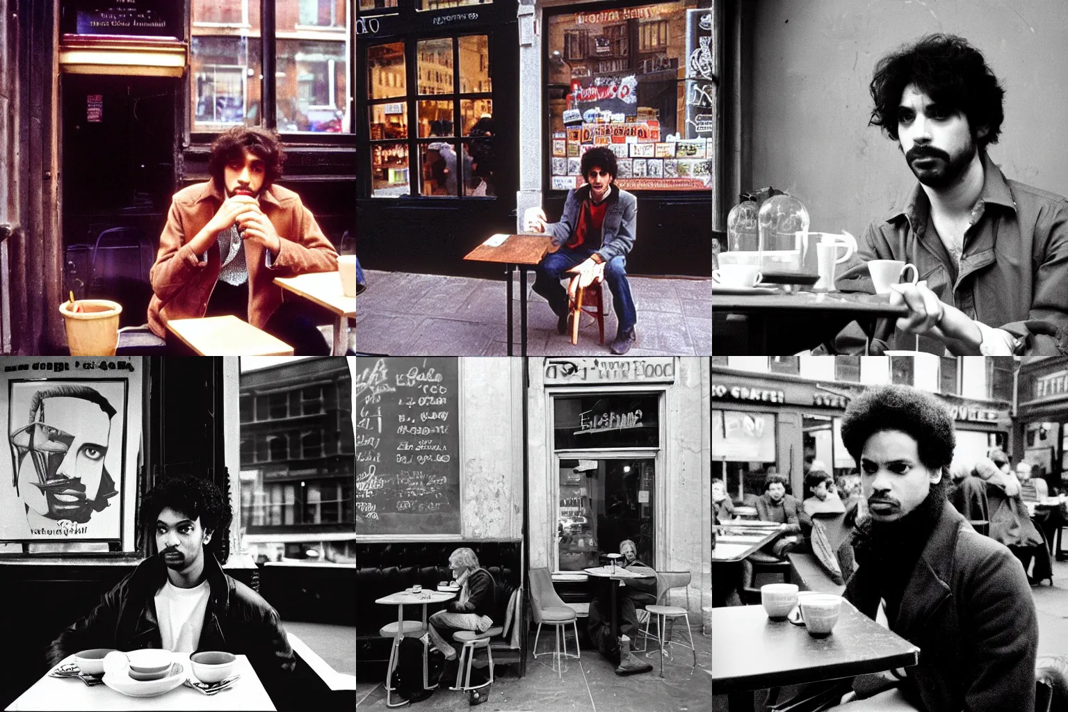 Prompt: Prince Hamlet sitting in a cafe in soho 1982, photograph