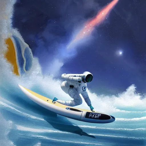 Image similar to a beautiful digital painting of an astronaut in a white and royal blue luxurious space suit surfing a tsunami on a chic surfboard at Pamukkale, thermal waters flowing down gold travertine terraces by greg rutkowski, award winning photo, trending on artstation, highly detailed, unreal engine, octane render