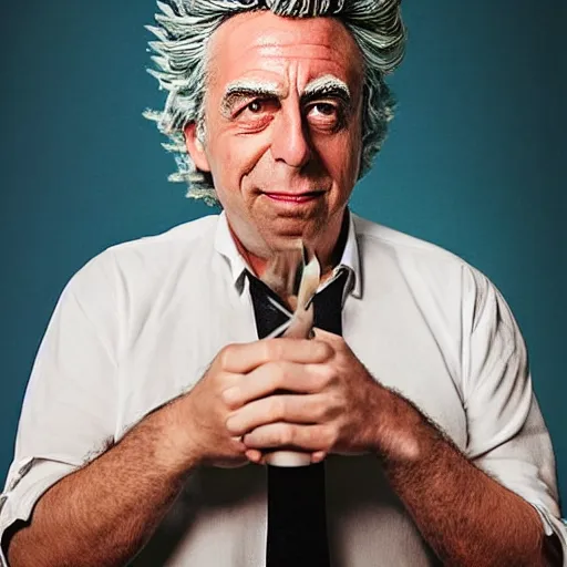 Prompt: Head and shoulders studio photograph of Rick Sanchez from Rick & Morty, taken by Annie Leibovitz