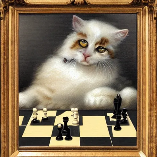 Image similar to cat playing chess looking wise, rococo oil painting