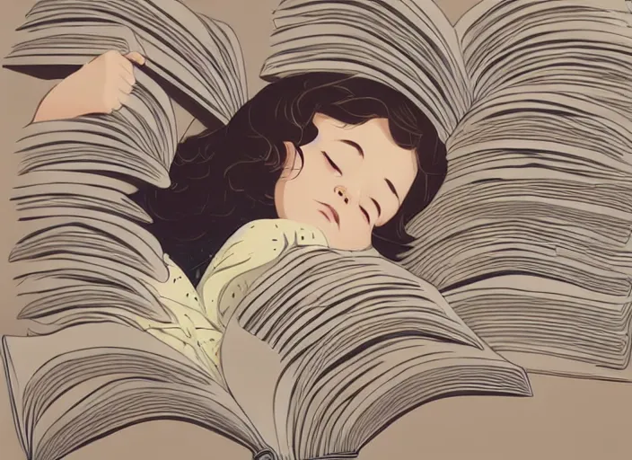Image similar to a little girl with short wavy curly light brown hair is asleep in pile of books. clean cel shaded vector art. shutterstock. behance hd by lois van baarle, artgerm, helen huang, by makoto shinkai and ilya kuvshinov, rossdraws, illustration, art by ilya kuvshinov
