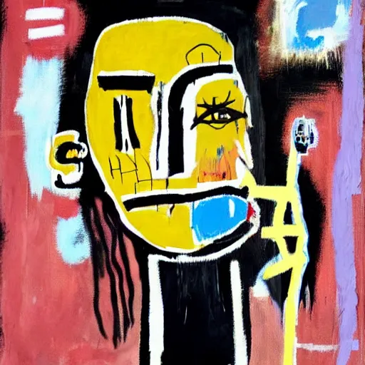 Image similar to basquiat style painting of a girl with hand over face