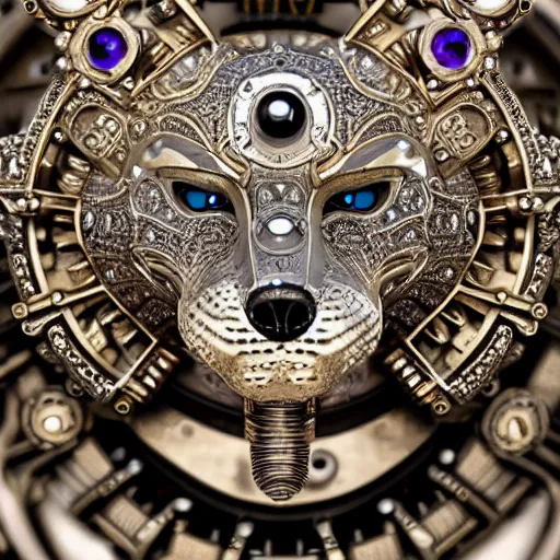 Prompt: A close up symmetric steampunk fox head with sparkling eyes made from ornate engraved full plate armor and Rolex gears and jewels and gems, macro shot by Justin Gerard, unreal engine, detailed, intricate, physically based rendering