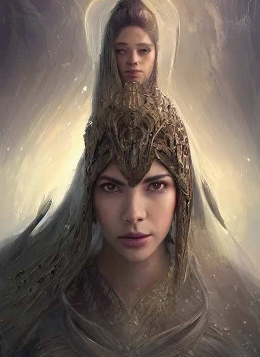 Image similar to a professional portrait of a beautiful young female, clothed in ethereal battle armor, olive skin, long dark hair, beautiful bone structure, symmetrical facial features, intricate, elegant, digital painting, concept art, smooth, sharp focus, finely detailed, illustration, from Valerian and the City of a Thousand Planets, in the style of Ruan Jia and Mandy Jurgens and Artgerm and Greg Rutkowski and William-Adolphe Bouguerea