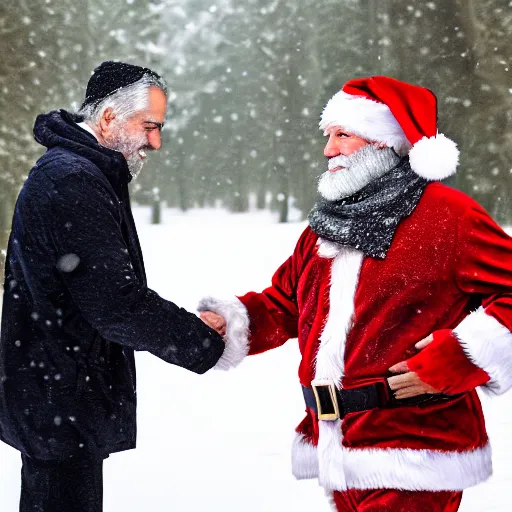 Prompt: Santa Claus shaking hands with Jeffery Epstein in a snowy forest, 8k, depth of field,