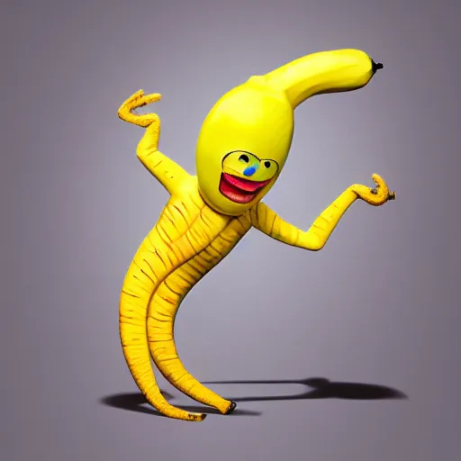 Image similar to a hyperrealistic photo of banana that has arms with hands and legs with feet. it is wearing gloves and shoes.