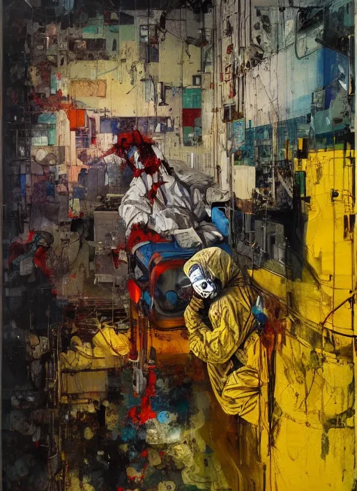 Image similar to an exhausted doctor in a hazmat suit, inside an old Romanian hospital room, gothic, rich deep colors. intricate artwork in the style of Adrian ghenie and James jean, part by Gerhard Richter, highly detailed, very coherent, rich colours
