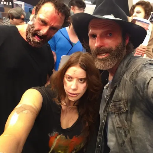 Prompt: selfie shot by a walking dead zombie with rick grimes at comic con