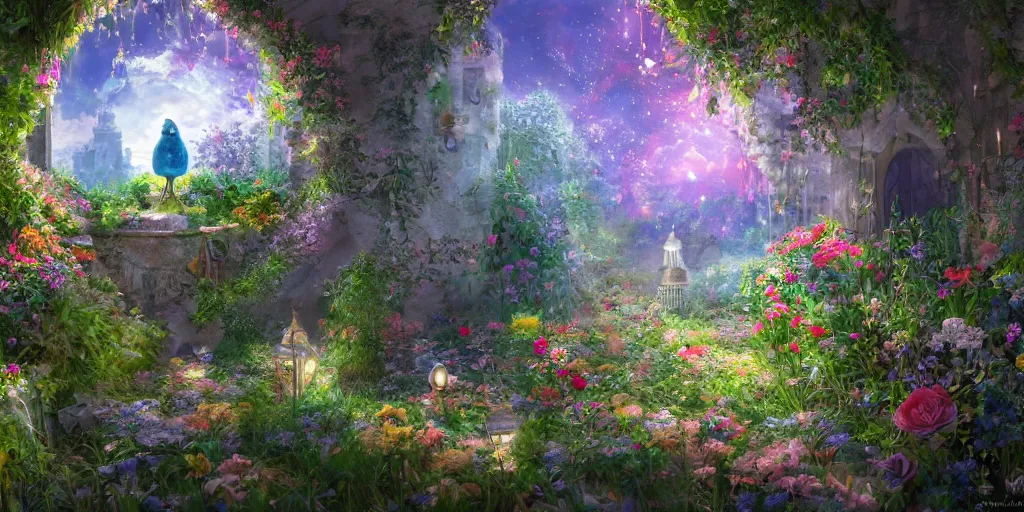 Prompt: secret garden with colored glass cover, outside of time and space, birds, flowers, fairy tale, evening lights, highly detailed, low angle view, artstation, mysterious, comfort, in the style of aetherpunk, 8 k