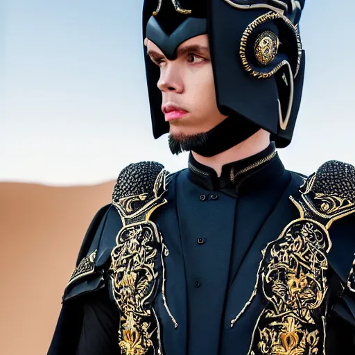 Prompt: medium face shot of adult Austin Butler dressed in futuristic-baroque black-prussian blue garb with embroidered Rams head emblem, and nanocarbon-vest, in an arena in Dune 2021, XF IQ4, f/1.4, ISO 200, 1/160s, 8K, face in-frame