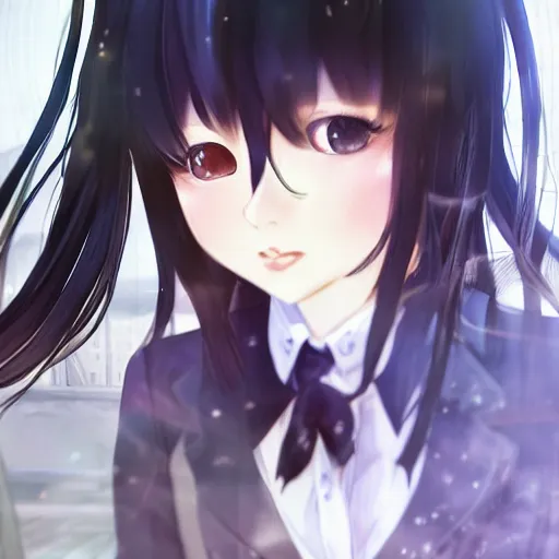 Image similar to luxury advertisement, astonishing portrait of a very beautiful anime schoolgirl with black bob hair in style of cytus and deemo, full perfect face, she is dancing, set in Half-life. Realistic, highly detailed background, artstation, 120 degree view, drawn by Sasoura, Satchely and Akihiko Yoshida, no distortion