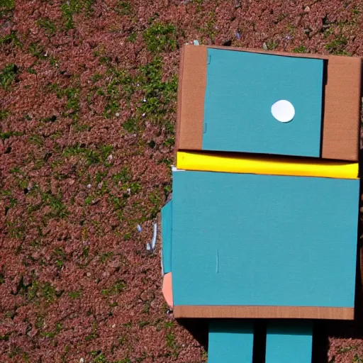 Prompt: robot made of a cardboard box, crayon face, walking through the forest