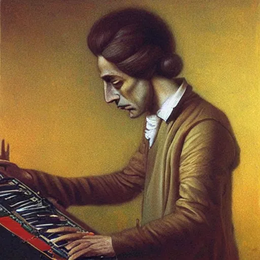 Prompt: Painting of Mozart mixing at the turntables in a style of Beksinski