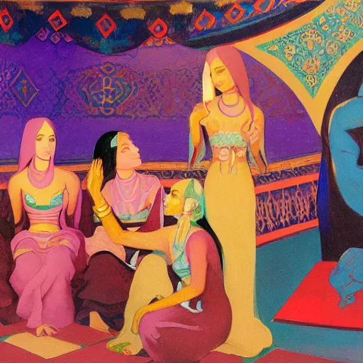 Image similar to a detailed oil painting of a harem with arabic patterns, turquoise and purple fire, by nicholas roerich, by frank frazetta by georgia o keeffe by frederick william elwell, by hans emmenegger, by bruce pennington, by eyvind earle highly detailed, realistic, outline, line work, oriental,