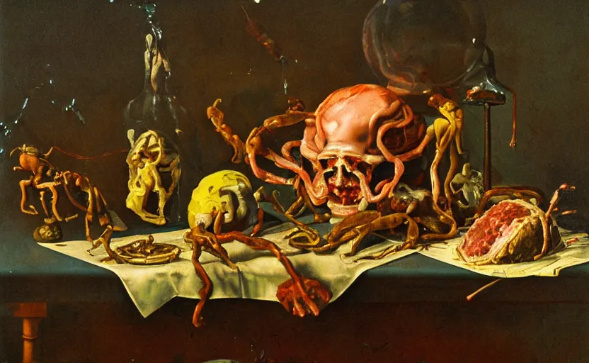 Prompt: disturbing colorful oil painting dutch golden age vanitas still life sparse composition with bizarre objects strange gooey transparent surfaces shiny metal reflections bizarre mutant meat insects rachel ruysch dali todd schorr very detailed perfect composition rule of thirds masterpiece canon 5 0 mm, cinematic lighting, photography, retro, film, kodachrome