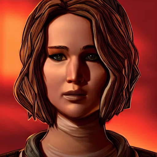 Image similar to jennifer lawrence portrait, borderlands, tales from the borderlands, the wolf among us, comic, cinematic lighting, studio quality, 8 k