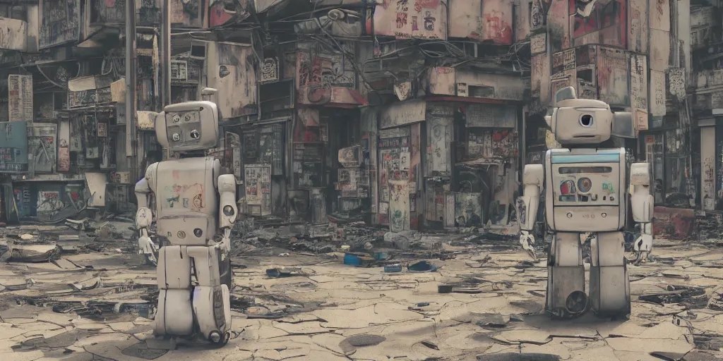 Image similar to broken robot lying deserted shinjuku junk town, watercolor, ghost in the shell, soft bloom lighting, paper texture, bright sun bleached ground, vending machine, robot lurks in the background, koji morimoto, katsuya terada, genius party, animatronic, black smoke, pale, beige sky pencil marks, hd, 4k, remaster, dynamic camera angle, fish eye, dynamic scene