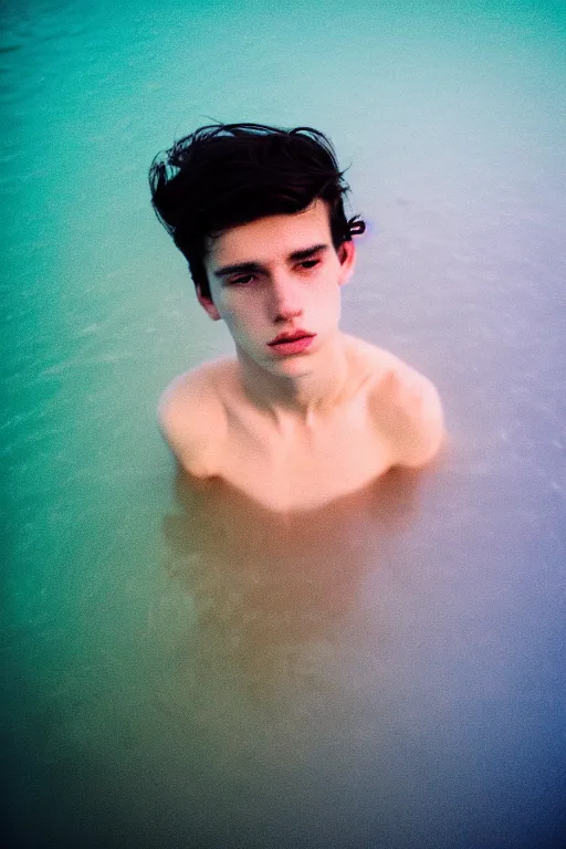 Image similar to high quality pastel coloured film mid angle docu photograph of a beautiful young 2 0 year old male, soft features, short black hair, falling in an icelandic black rock pool environment. atmospheric. three point light. photographic. art directed. ( pastel colours ). volumetric light. clearcoat. waves glitch. 8 k. filmic.