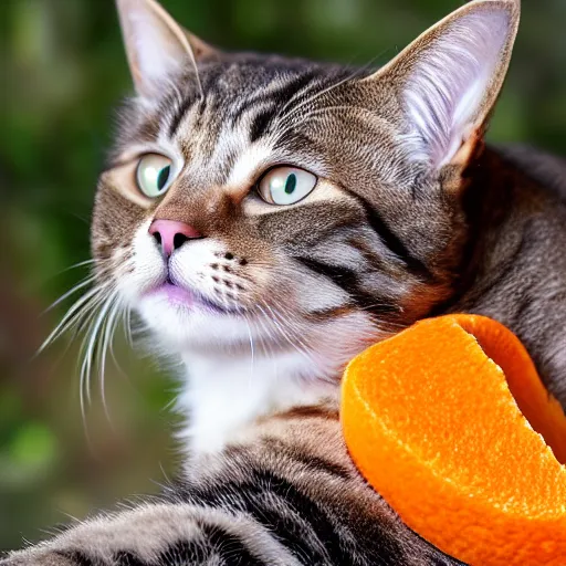 Image similar to photorealistic photograph of a cat wearing an orange peel as a hat by suzi eszterhas, fruit helmet, photorealism, photorealistic, realism, real, highly detailed, ultra detailed, detailed, f / 2. 8 l canon ef is lens, canon eos - 1 d mark ii, wildlife photographer of the year, pulitzer prize for photography, 8 k