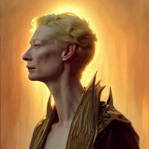 Image similar to young adult tilda swinton as lucifer morningstar, long blond hair, natural lighting, path traced, highly detailed, high quality, digital painting, by gaston bussiere, craig mullins, alphonse mucha j. c. leyendecker