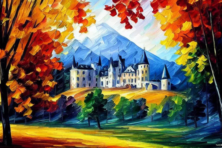 Prompt: a majestic castle rises above the dark woods in the sunlit valley, landscape by Leonid Afremov