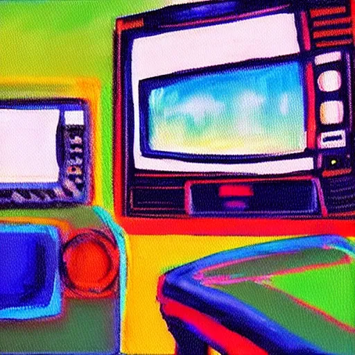 Prompt: array of crt televisions, fuzzy, tv static, antenna, stacked, polaroid, steroids, adult video store, impressionist painting, painting, acrylic painting, cell shaded