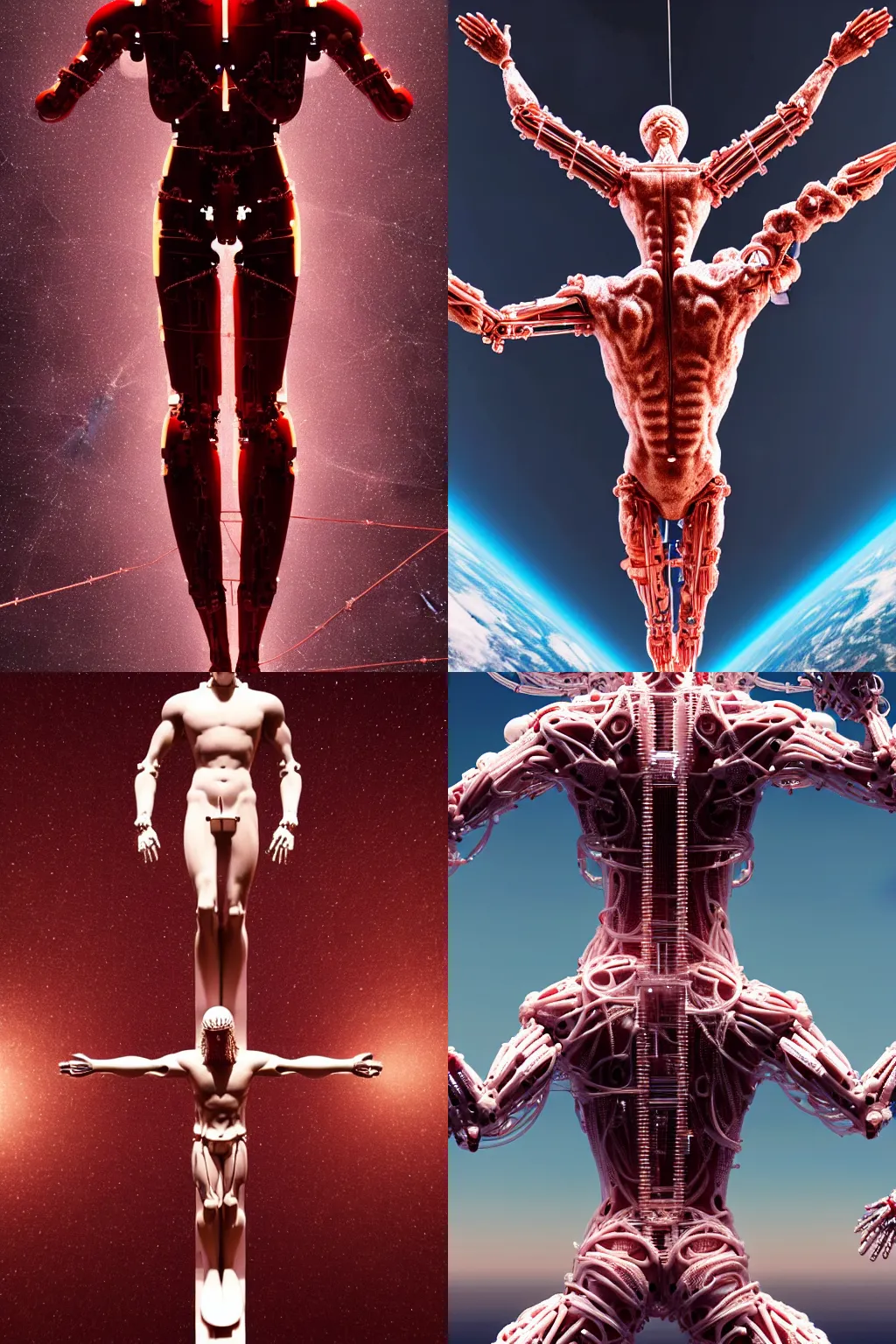 Prompt: a statue jesus on cross made of red marble, above space station, perfect symmetrical body, full body shot, white biomechanical, wearing epic bionic cyborg implants, inflateble shapes, tubes, wires, veins, masterpiece, intricate, biopunk, vogue, highly detailed, artstation, concept art, background galaxy, cyberpunk, octane render