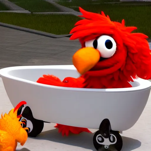 Image similar to an unreal engine render of elmo in a bathtub