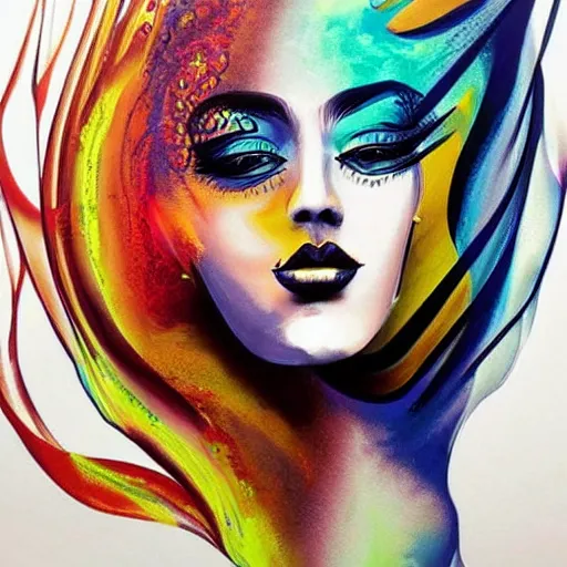 Image similar to abstract art with swirly color liquid acrylic paint and beautiful female face, beautiful color composition, warm colors, black details