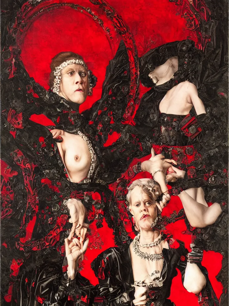 Image similar to Detailed maximalist stunning portrait of Signorney Weaver dressed in a black and red Victorian collar dress, HD mixed media, 3D collage, highly detailed and intricate, masterpiece, award-winning, surreal illustration in the style of Caravaggio, dark art, baroque