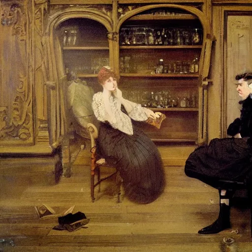 Prompt: young victorian woman solving an escape room riddle, while young victorian man is trapped in a cage, painted by alfred stevens