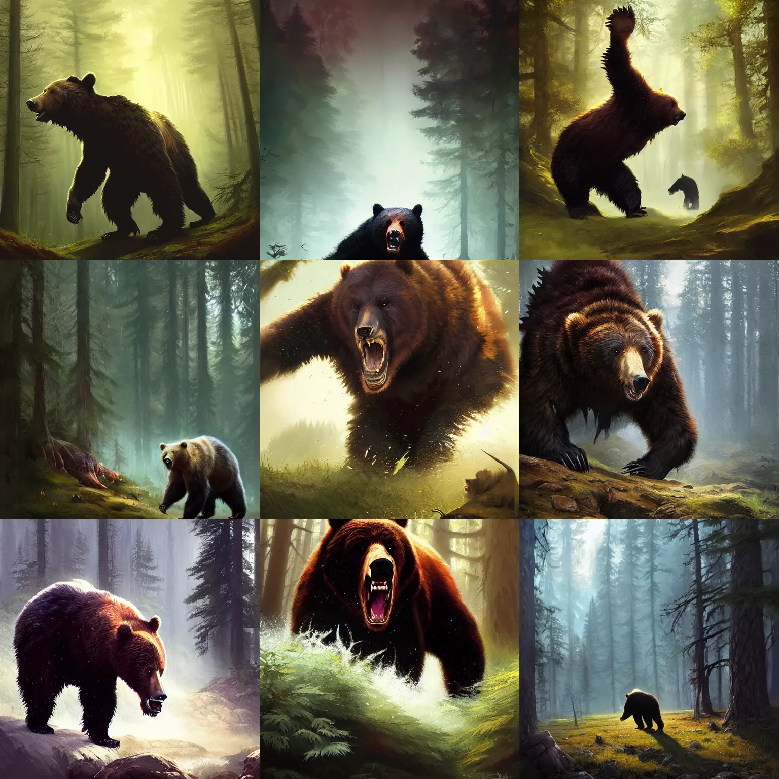 Prompt: fantasy painting of bear charging towards viewer, roaring, open mouth, teeth, dark forest in background, painted by greg rutkowski and andreas rocha