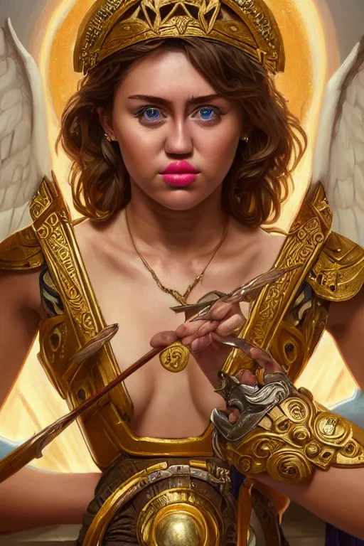 Image similar to miley cyrus as greek goddess athena, closeup, d & d, fantasy, intricate, elegant, highly detailed, digital painting, artstation, concept art, matte, sharp focus, illustration, hearthstone, art by artgerm and greg rutkowski and alphonse mucha