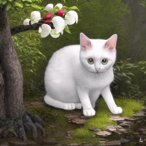 Image similar to cute cat with white magnolia trees inspired by Ferdinand Knab, artstation, 8k, photorealism