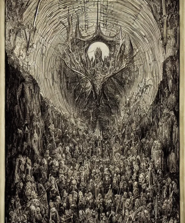 Image similar to mines of moria, khazad dum, halls of durin, middle earth, jrr tolkien, a bright orb of light in the center of a grand hall, outer edges fade into pitch black, creatures crawling out from the darkness toward the light, in the style of hieronymus bosch