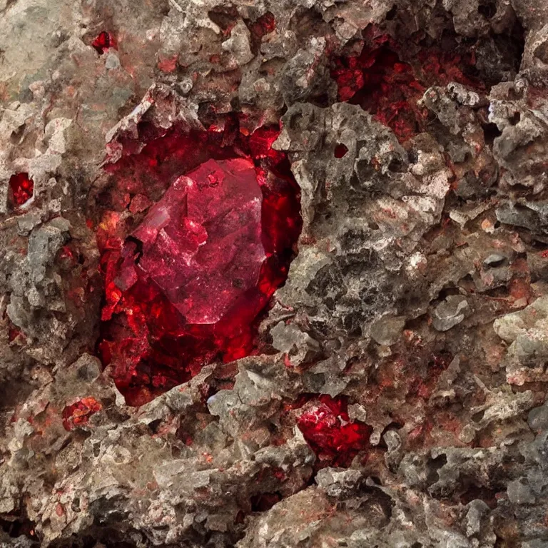 Image similar to big red ruby crystal gems embedded in rock, worn decay texture, intricate concept art painting, fantasy, nature grotesque dark