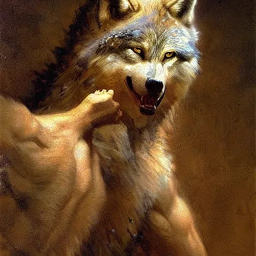 Prompt: a portrait of a furry wolf wearing clothes, hairy, furry body, furry chest, furry arms, furry legs, tail. highly detailed painting by gaston bussiere, craig mullins, j. c. leyendecker, furry