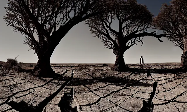 Image similar to medium shot of a nondescript crying ancient dried up Danu, peaceful, facing the camera and standing in front of a dried up river in a desolate land, dead trees, blue sky, hot and sunny, highly-detailed, elegant, dramatic lighting, artstation, 4k, cinematic landscape, photograph by Elisabeth Gadd, Zdzislaw Beksinski