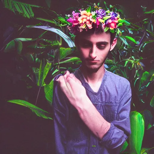 Prompt: close up kodak portra 4 0 0 photograph of a skinny guy standing in a dark exotic jungle, back view, flower crown, moody lighting, telephoto, 9 0 s vibe, blurry background, vaporwave colors, faded!,