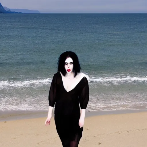 Image similar to pale goth girl with black hair annoyed on the beach